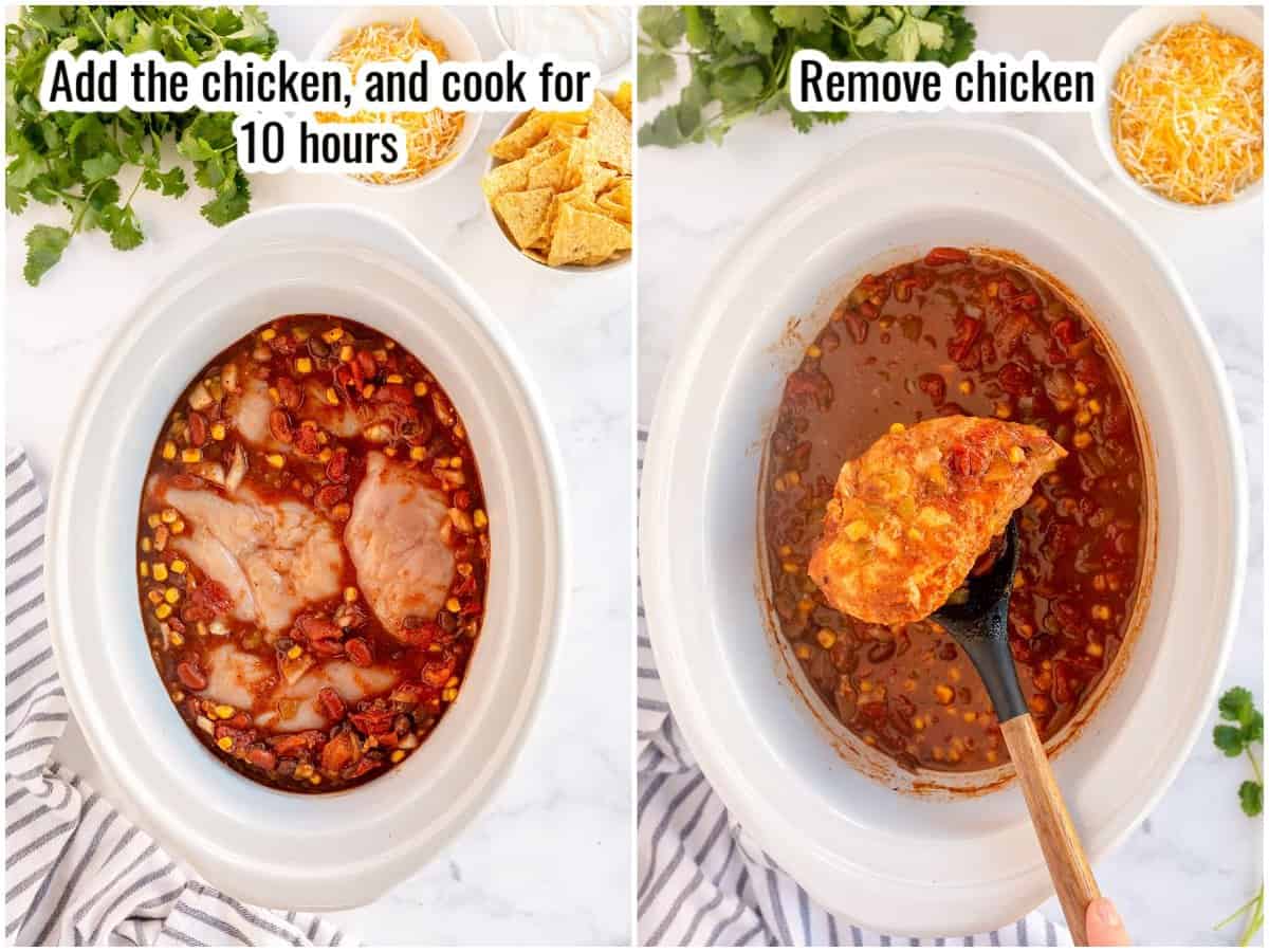 step by step showing cooked and uncooked ingredients in a slow cooker