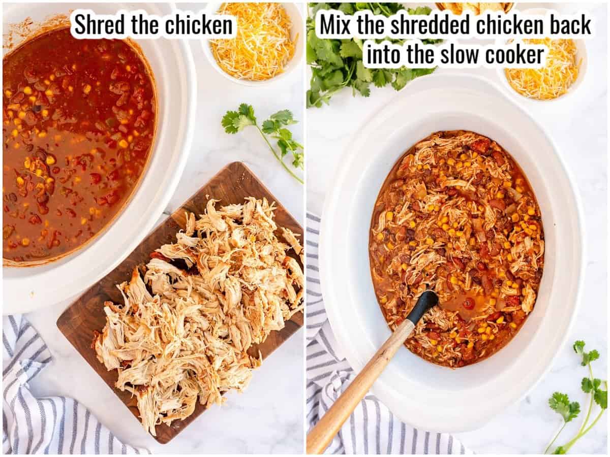 step by step showing shredded chicken being added to a crockpot