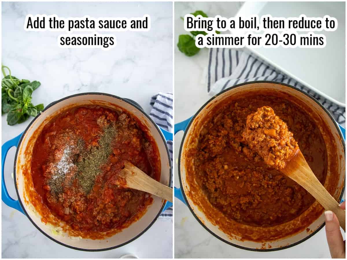 adding sauce and seasonings to a meat sauce