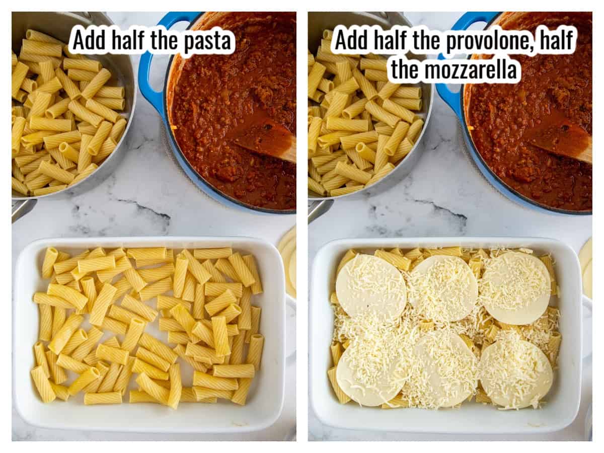 layering pasta and cheeses for baked ziti