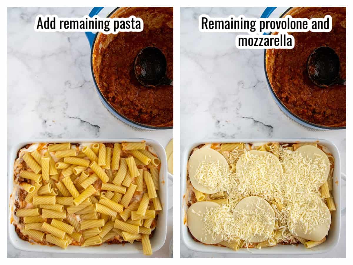 layering remaining pasta and cheeses for baked ziti
