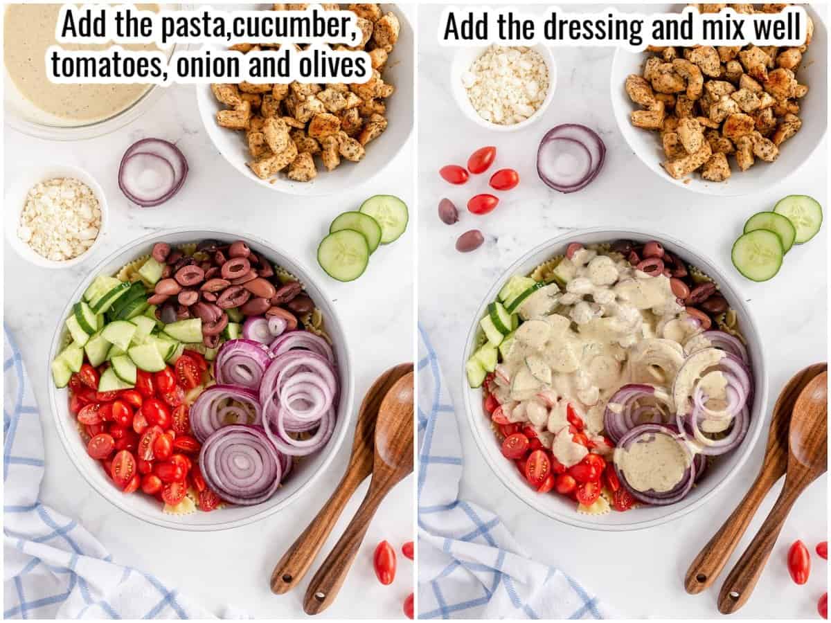 step by step of combining veggies and dressing in a pasta salad