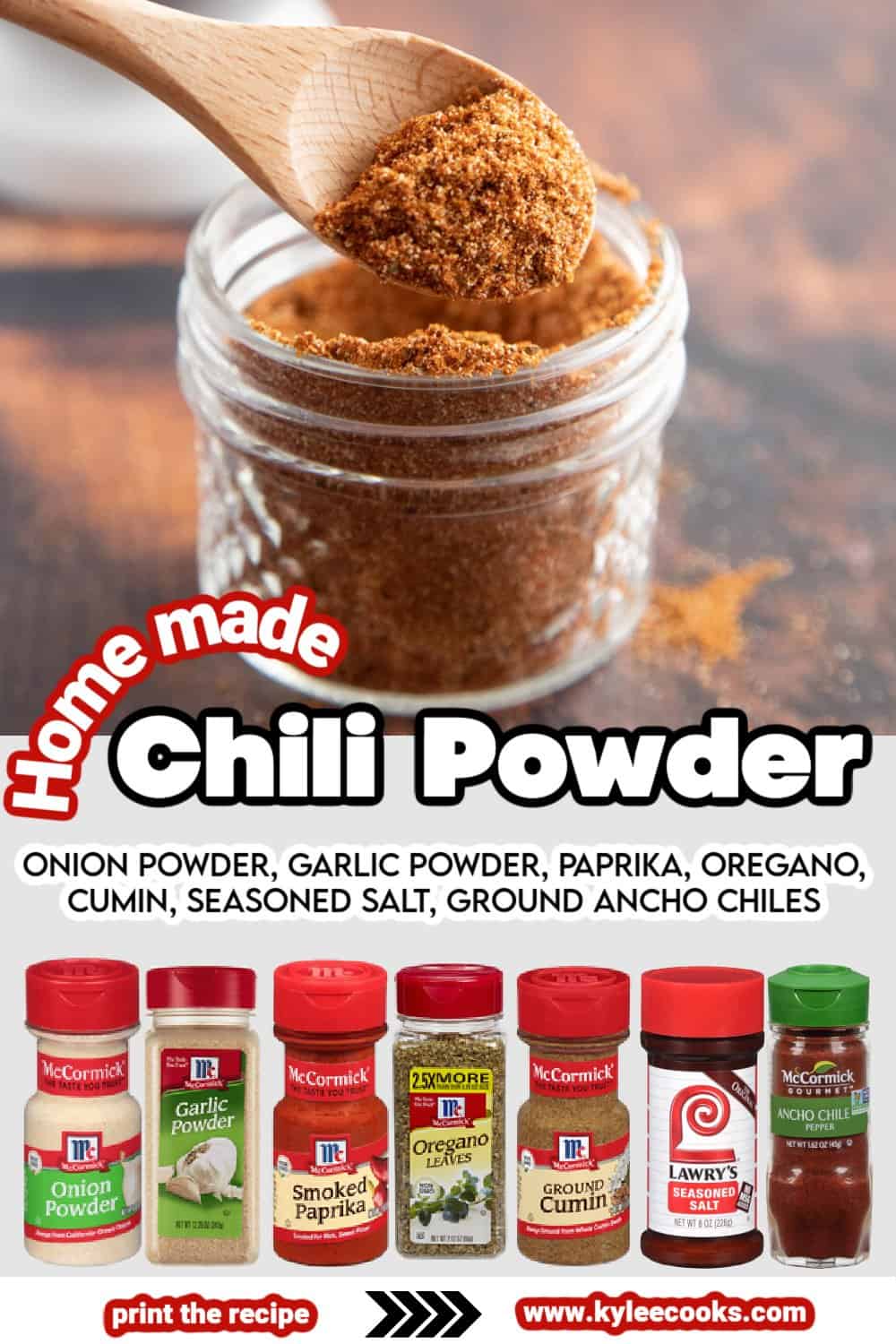 chili powder recipe with ingredients and text overlaid
