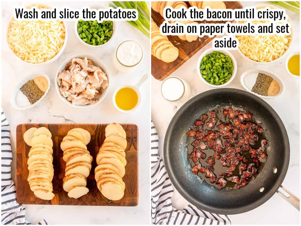step by step process of making irish nachos, slicing potatoes and cooking bacon