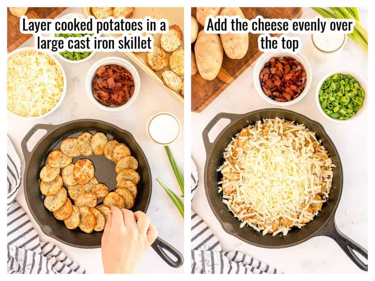 step by step process of making irish nachos, arranging potato slices, and adding cheese