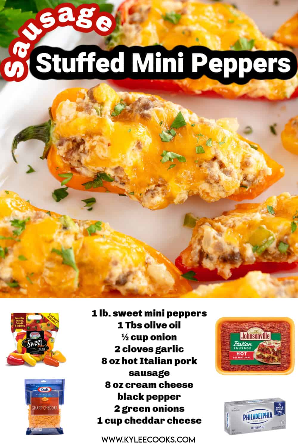 stuffed mini peppers on a baking sheet with text overlay
