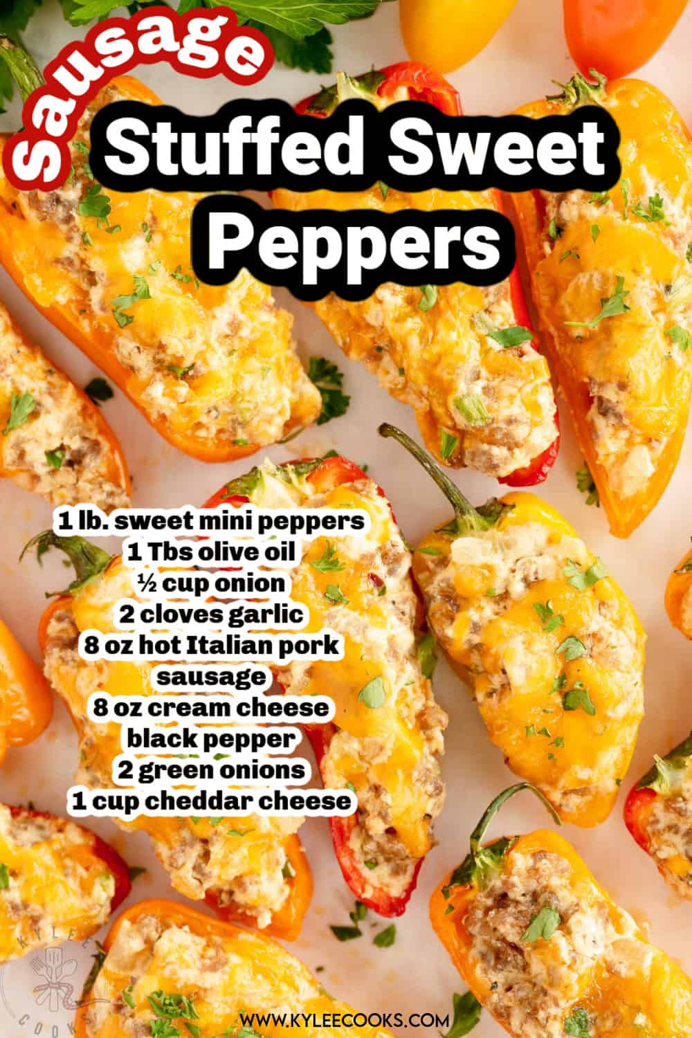 stuffed mini peppers on a baking sheet with text overlay