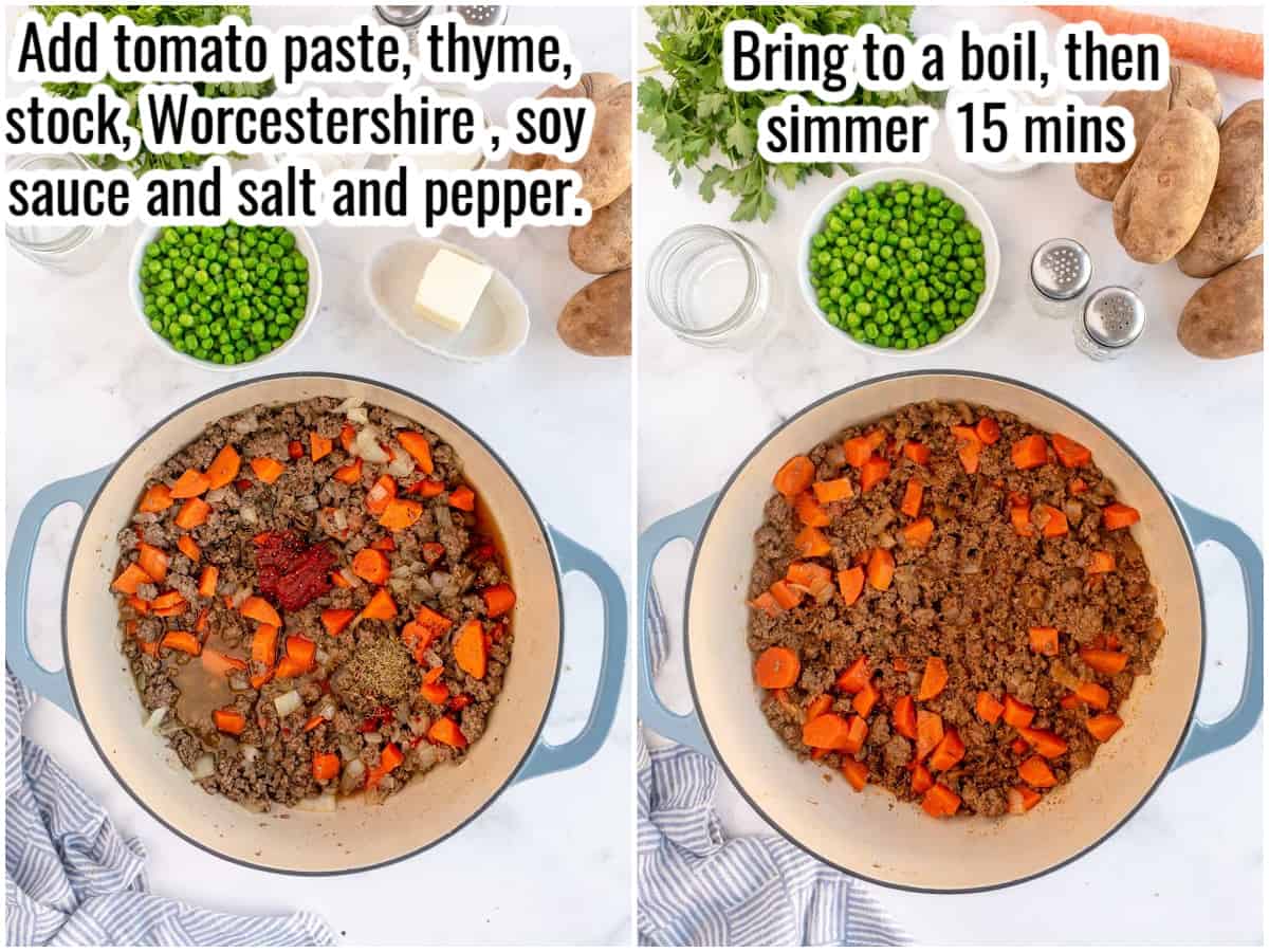 step by step photos showing making filling for shepherd's pie