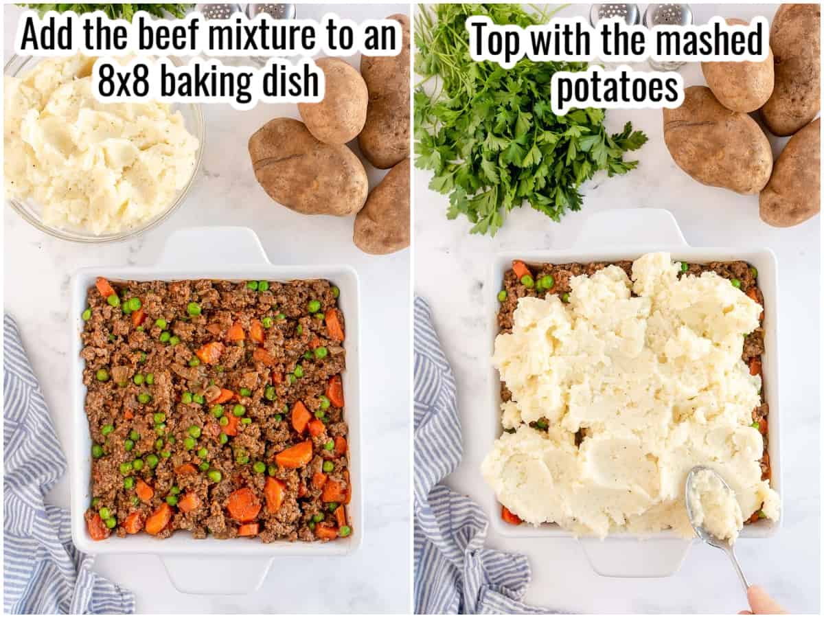 step by step photos showing putting mashed potatoes on top of ground beef
