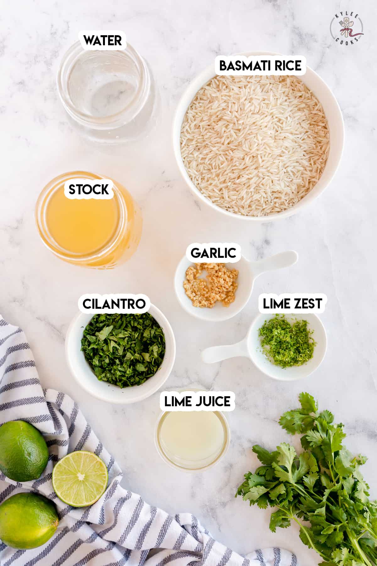 ingredients to make cilantro lime rice laid out and labeled