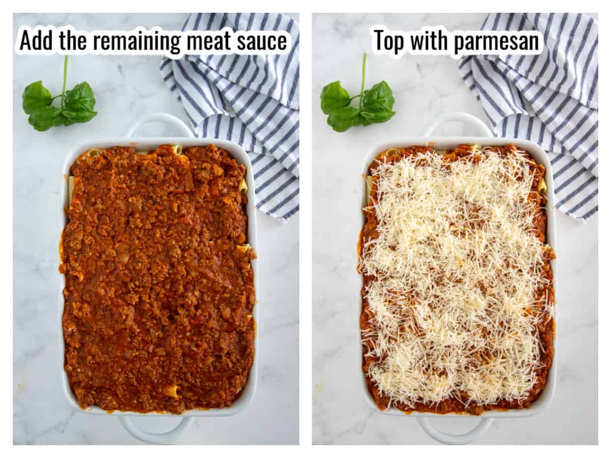 step by step - final layer of meat sauce and parmesan for baked ziti