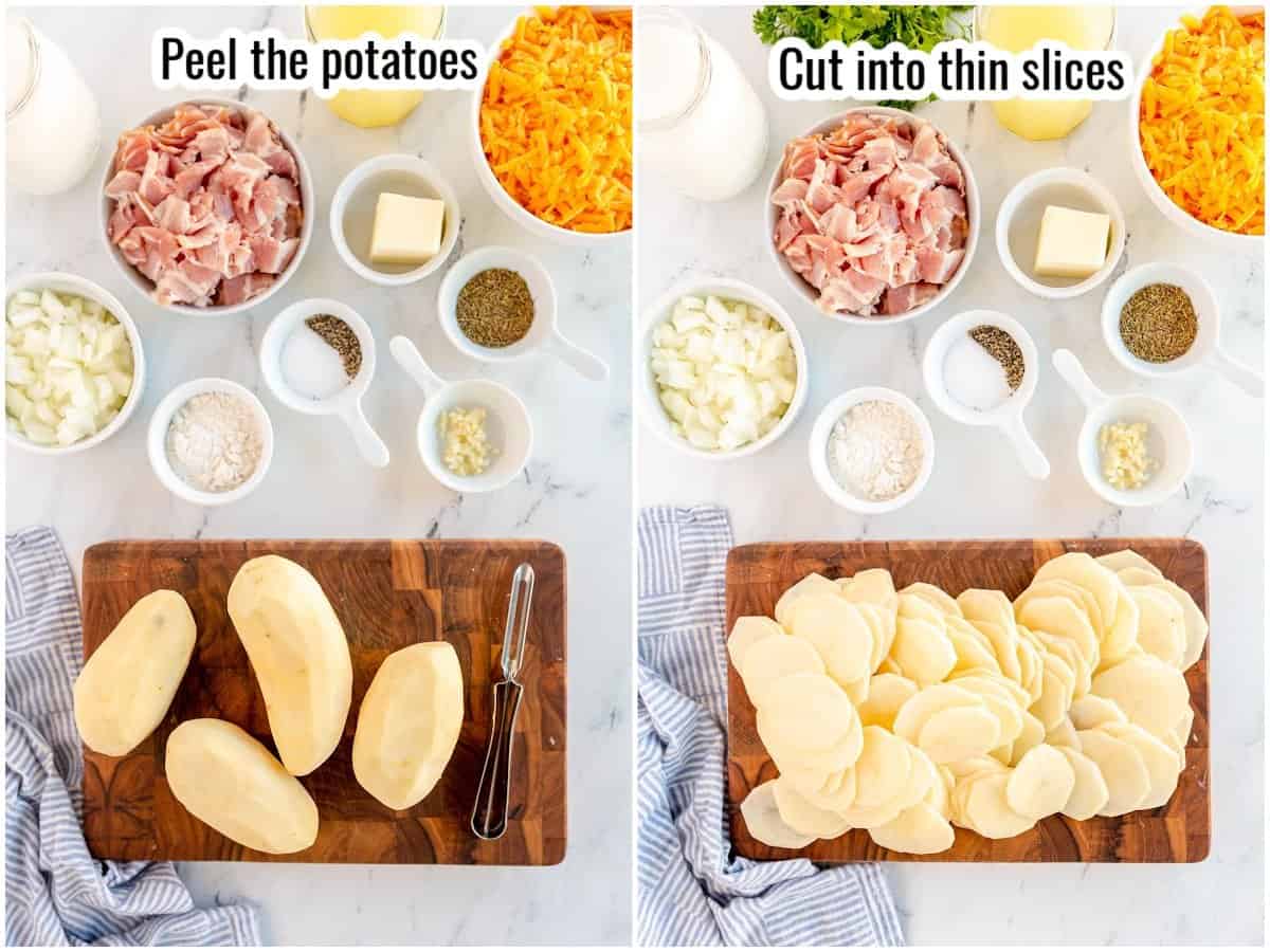 step by step process shot for peeling and slicing potatoes