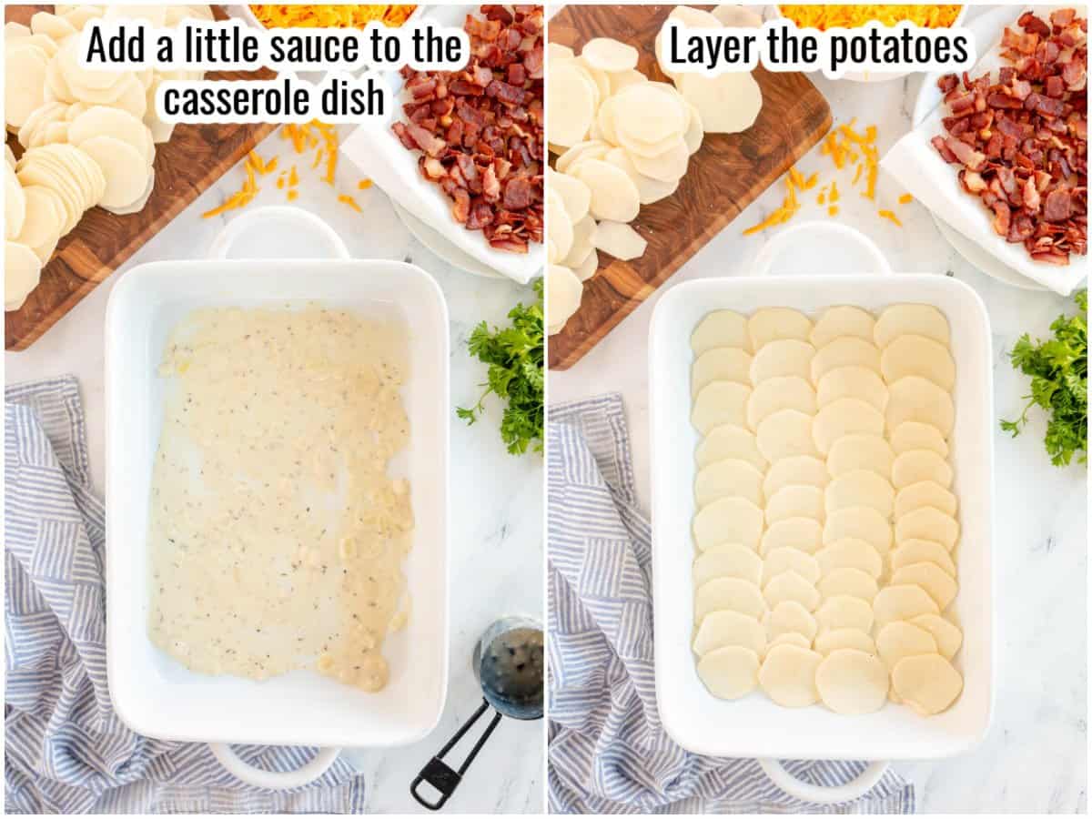 step by step process showing layering potatoes