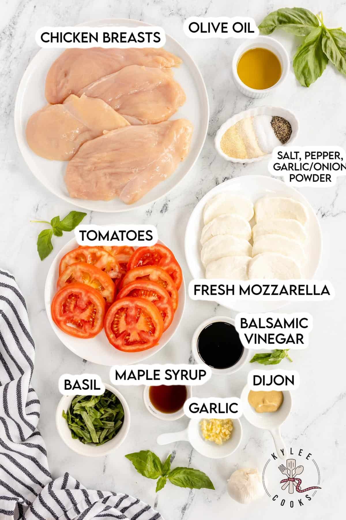 ingredients to make chicken caprese laid out and labeled