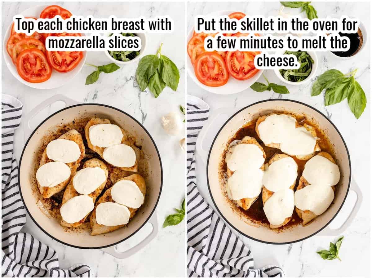 step by step to making chicken caprese - adding mozzarella
