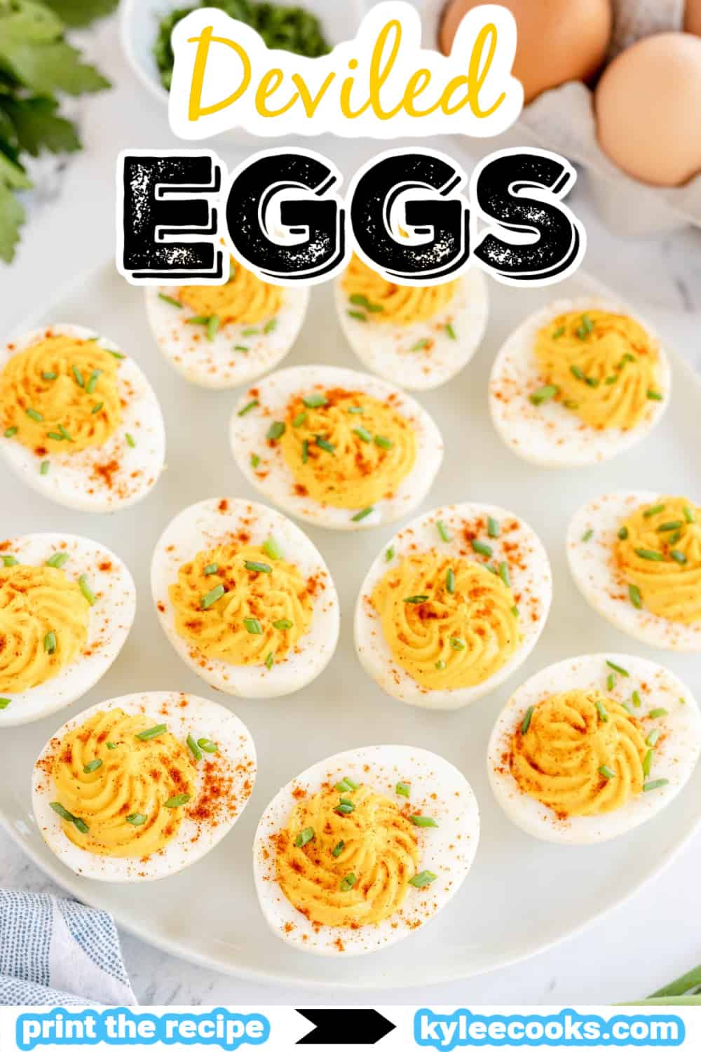 deviled egg image with ingredients and text overlay