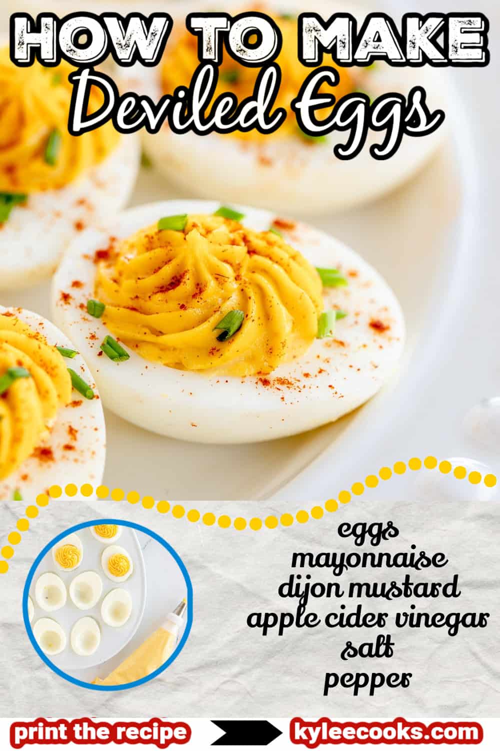 deviled egg image with ingredients and text overlay