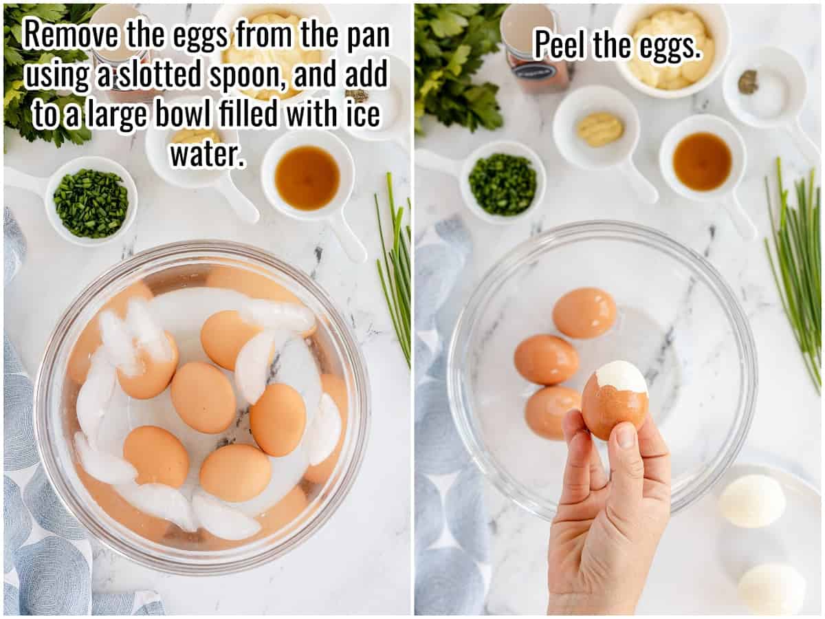 step by step - boiled eggs in an ice bath and being peeled