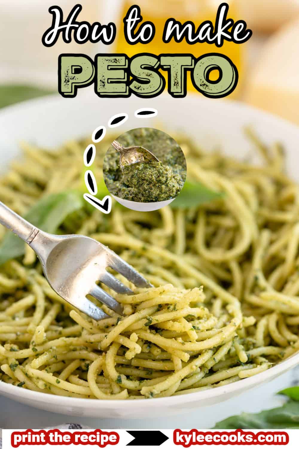 pesto in a white bowl with recipe name overlaid in text