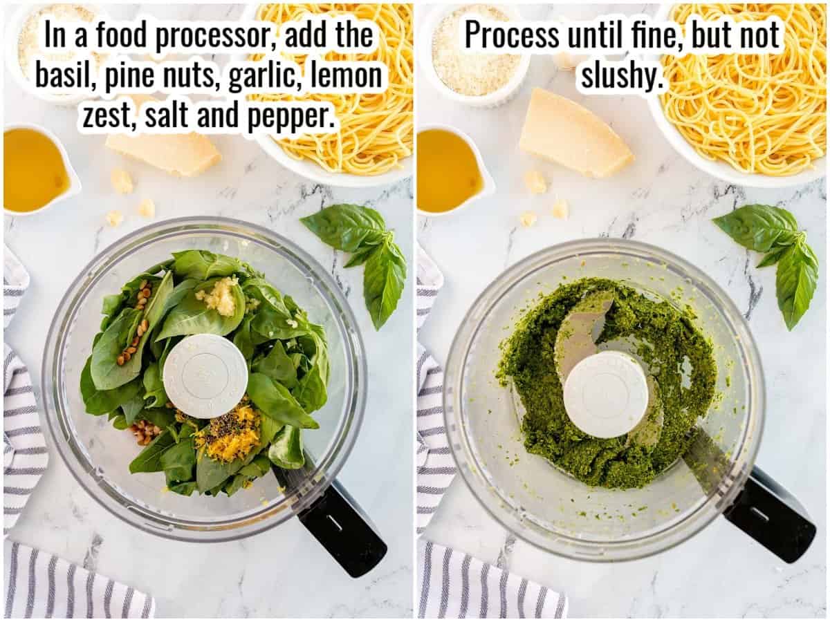 step by step of making pesto in a food processor