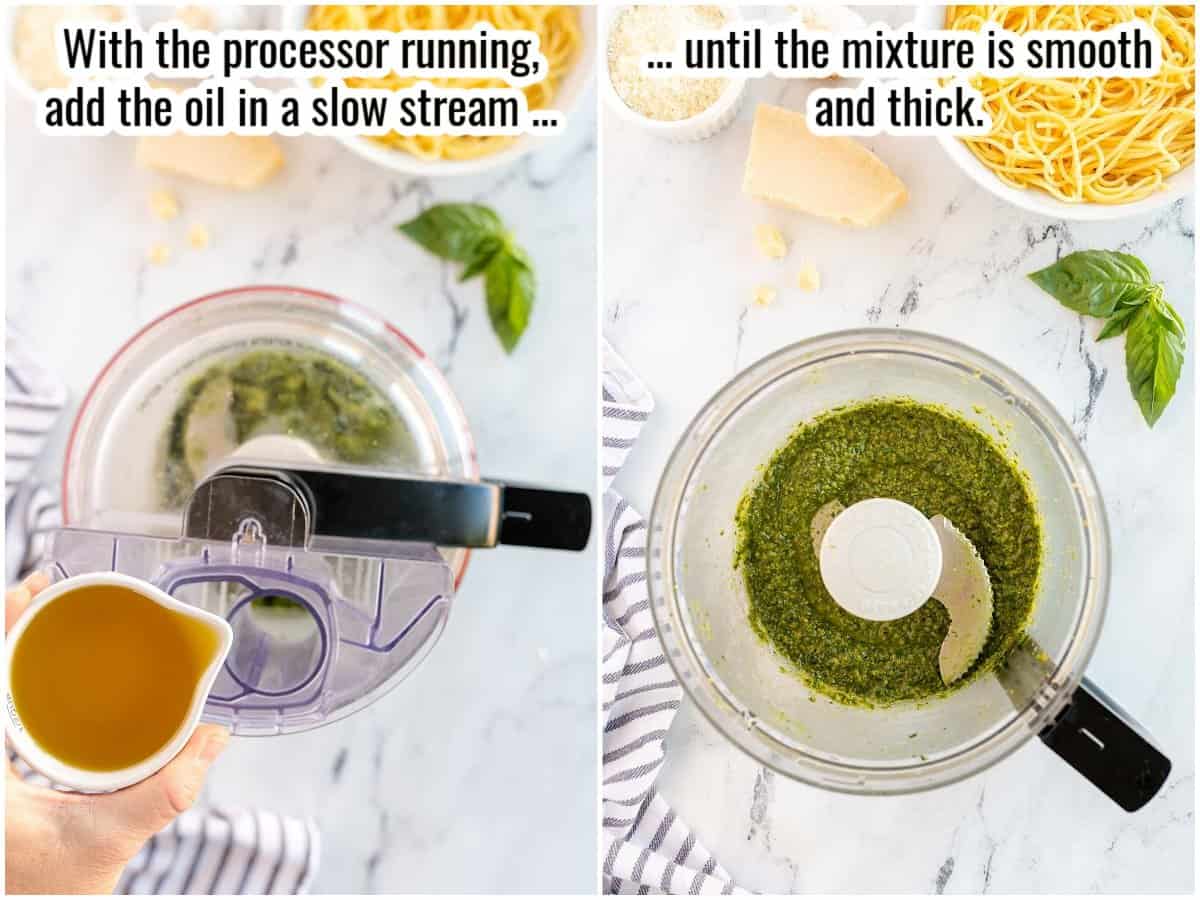 step by step of making pesto, adding the oil