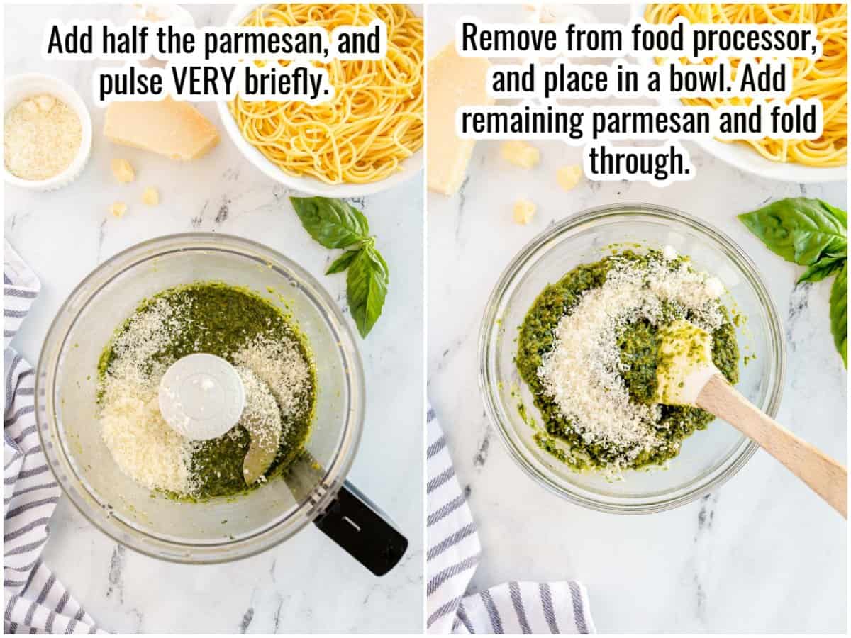 step by step of making pesto, adding the parmesan