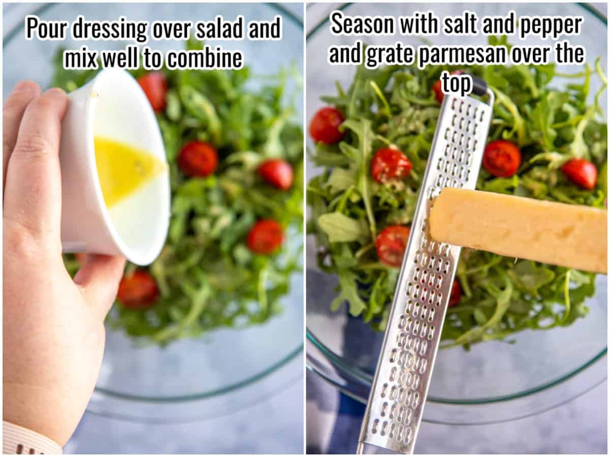 collage of the process of pouring dressing and parmesan on an arugula salad.