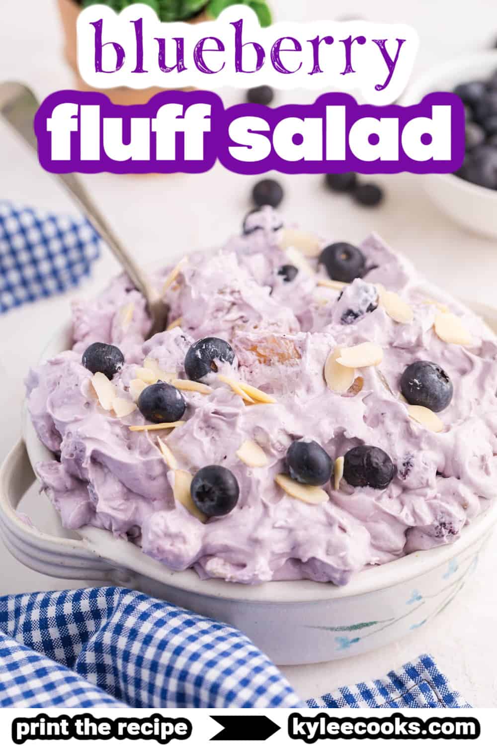 blueberry fluff salad with text overlaid.