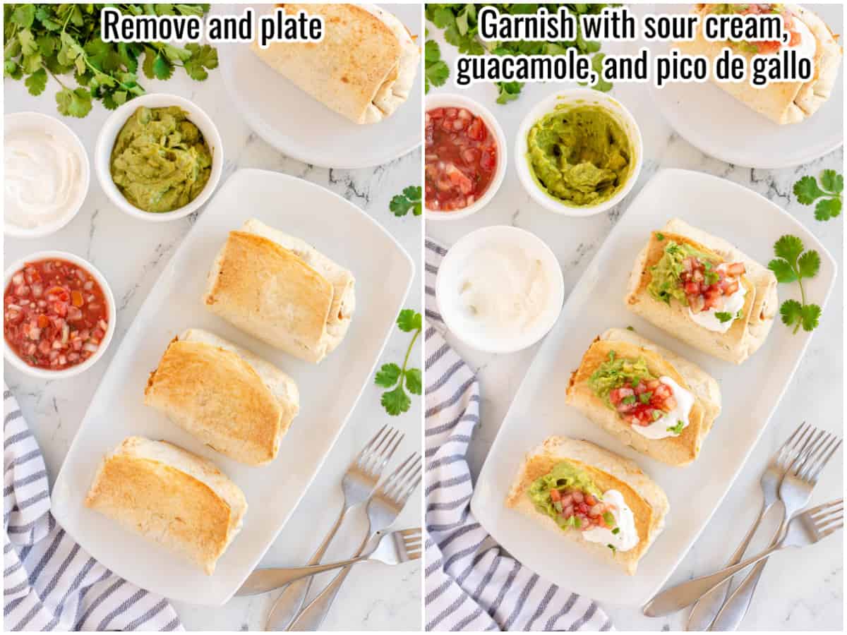 chicken chimichangas on a platter with and without toppings.