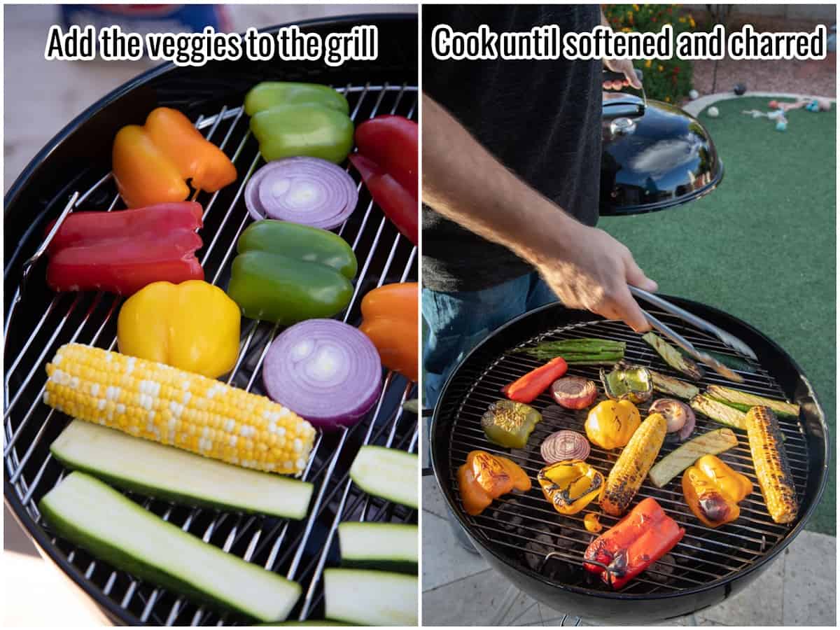 process collage showing raw and grilled veggies on a grill.