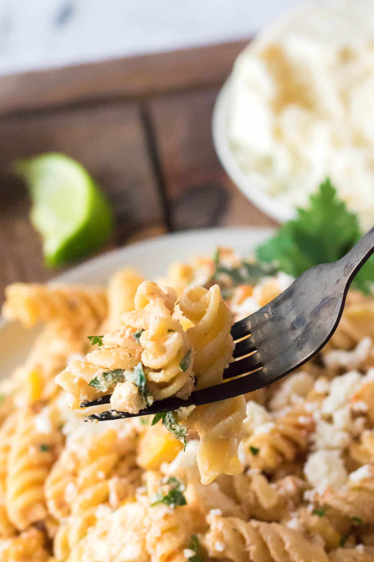 street corn pasta salad on a fork