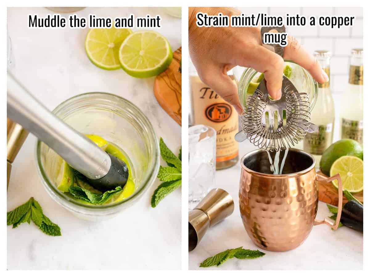 step 1 in the process of making moscow mules (muddling the lime and mint).
