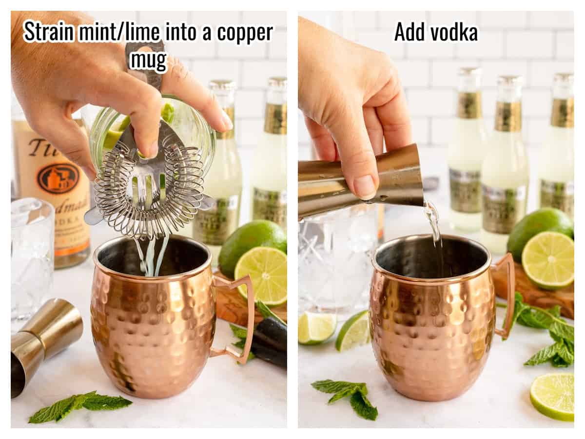 step 2 in the process of making moscow mules (straining the juice and adding vodka).