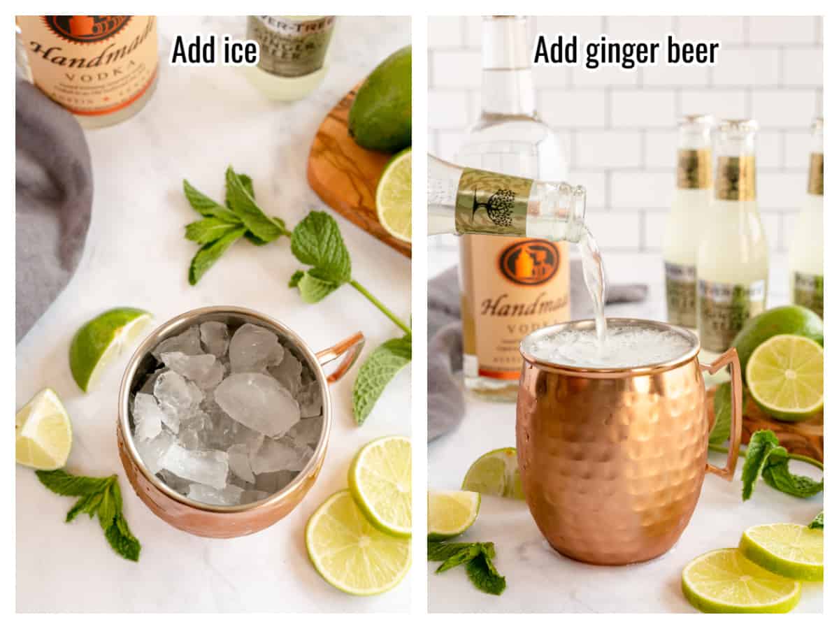 step 3 in the process of making moscow mules (adding ice and ginger beer).