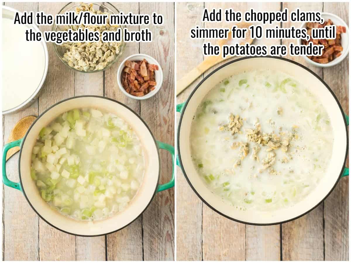step by step of making clam chowder, adding the cream base to the vegetables.