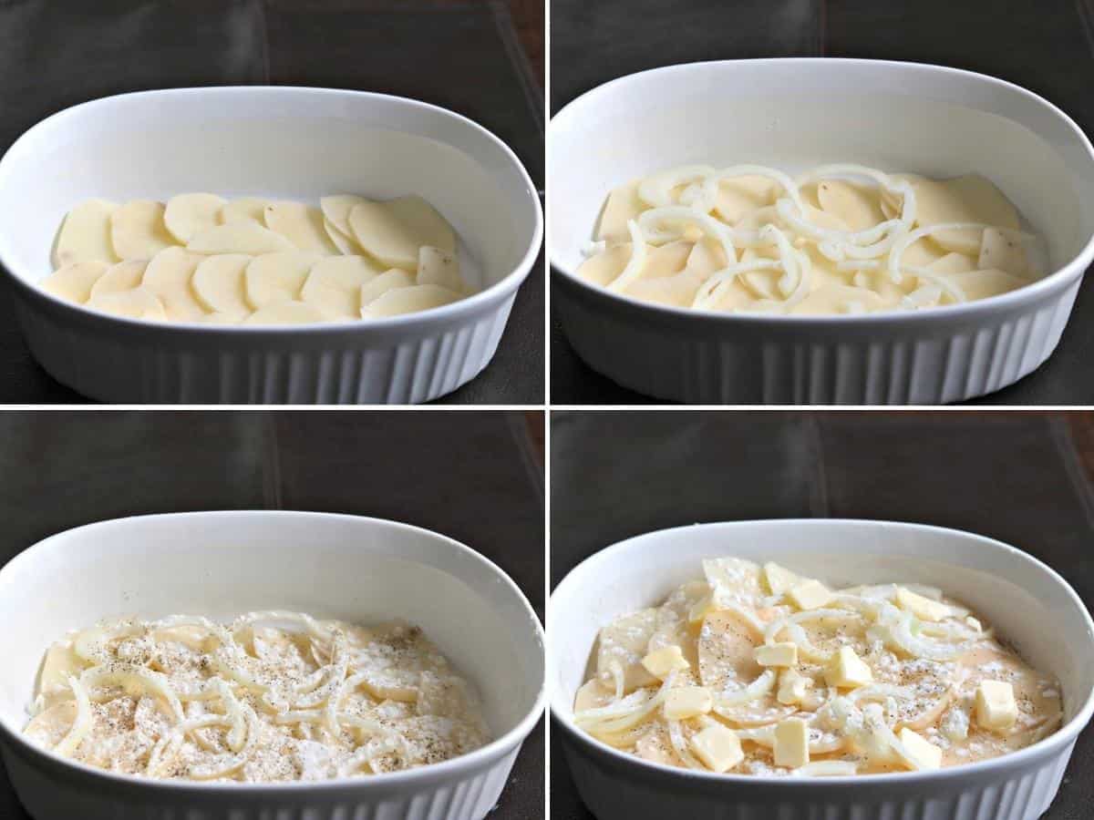 process collage for the layering stage of cooking scalloped potatoes