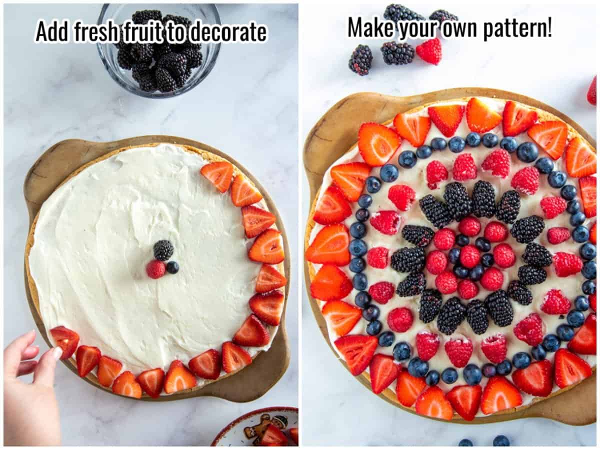 decorating a fruit pizza with berries