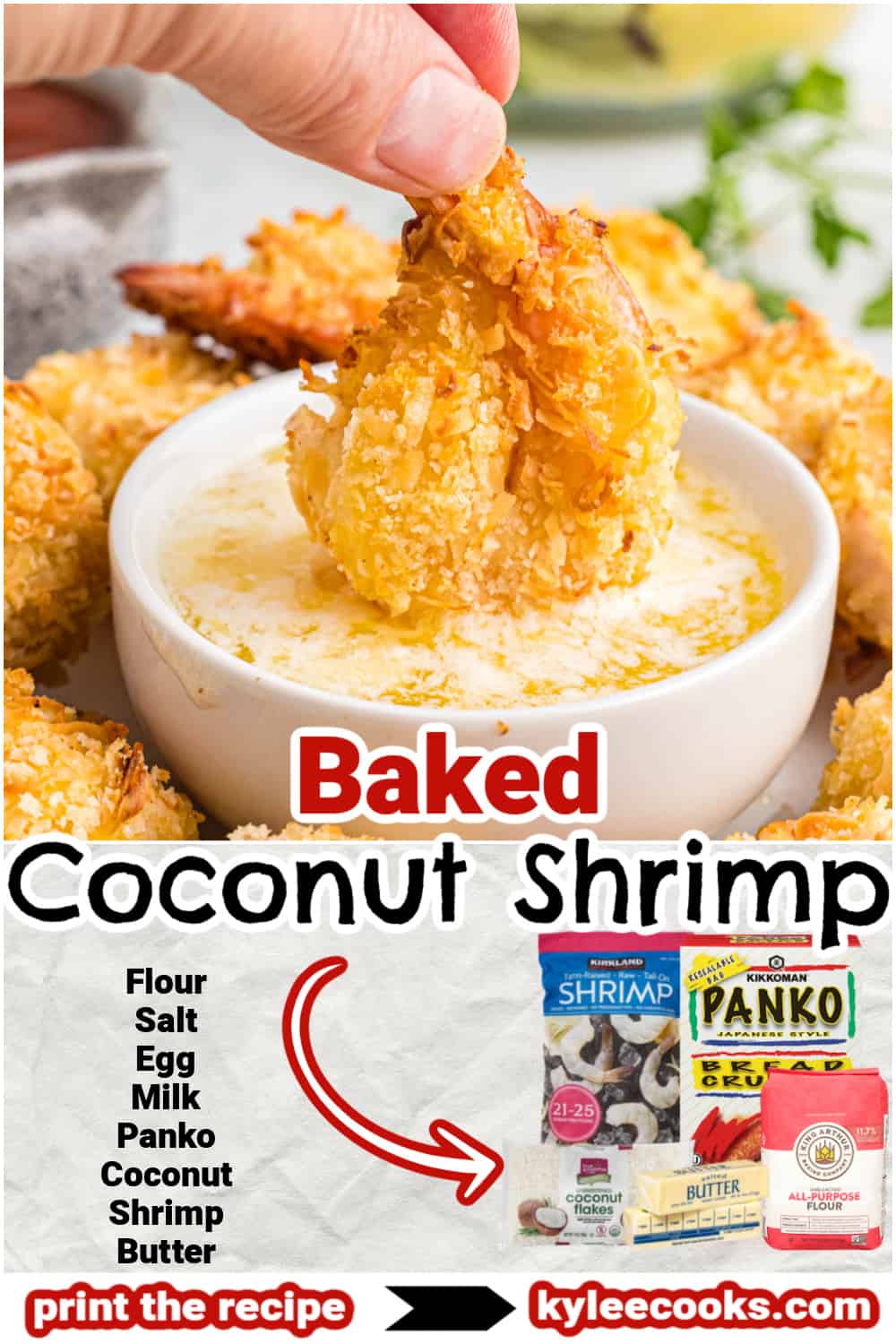 Collage of coconut shrimp with "baked coconut shrimp" overlaid in text.