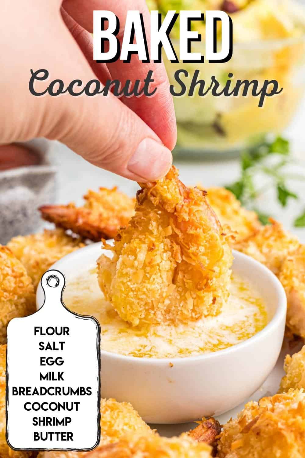 Collage of coconut shrimp with "baked coconut shrimp" overlaid in text.