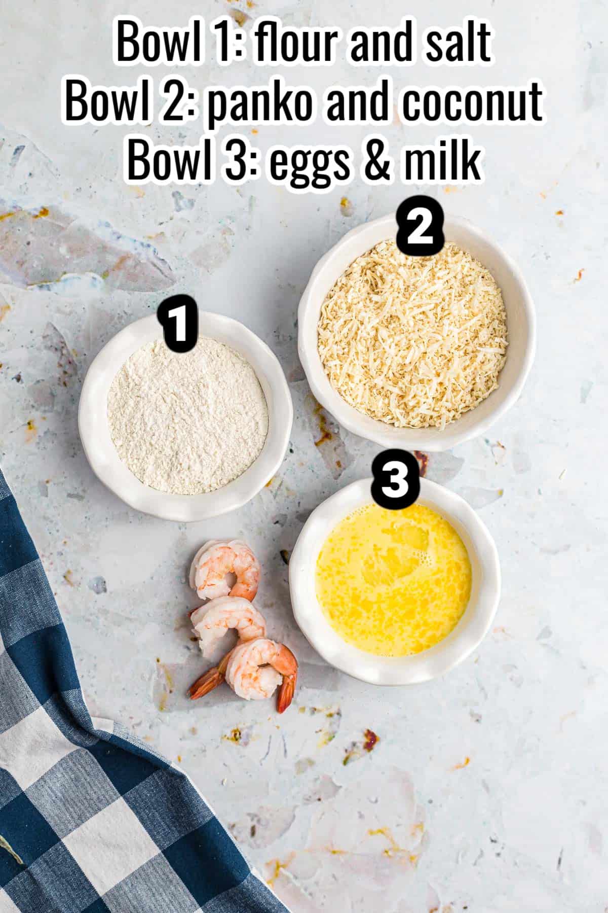 3 bowls with flour, egg and breadcrumbs with numbers over the top.