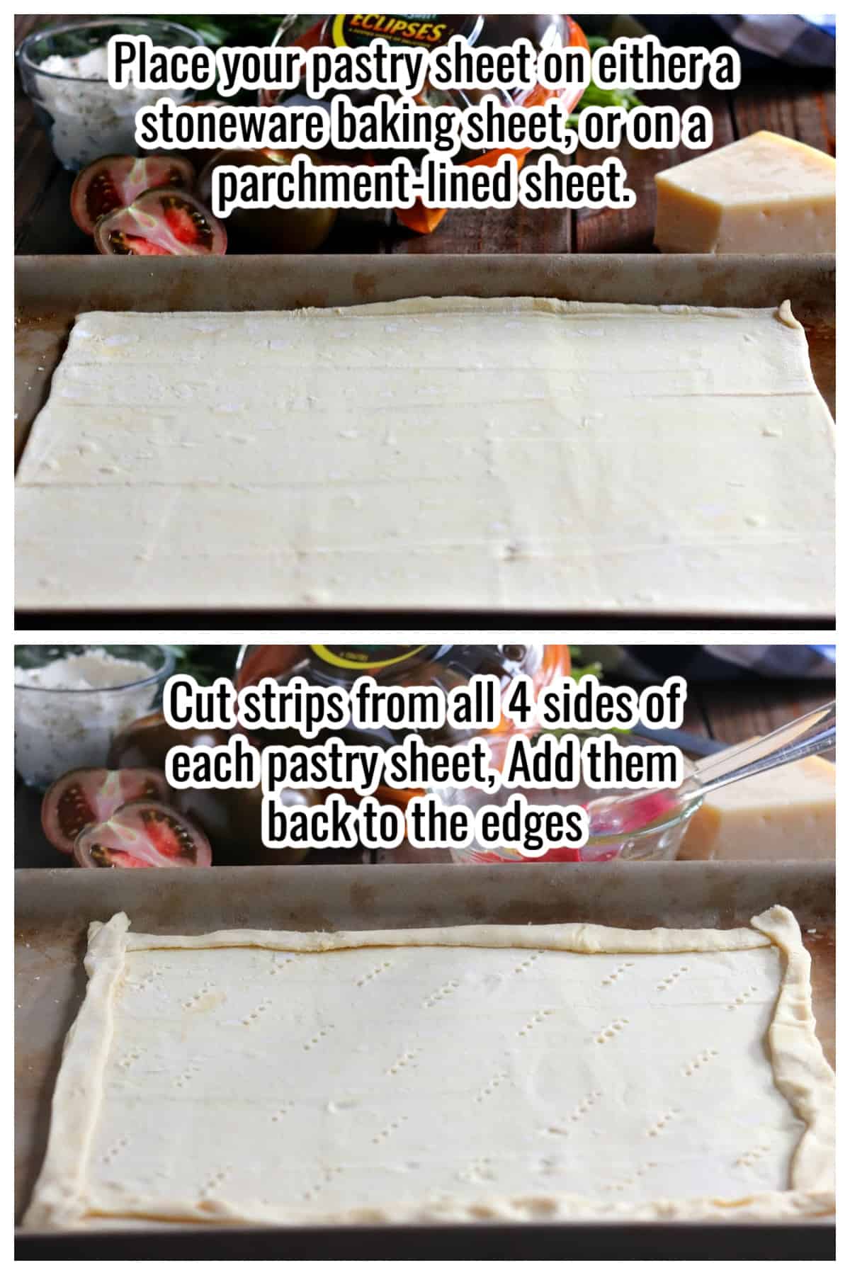 Collage of process to make a puff pastry tart base.