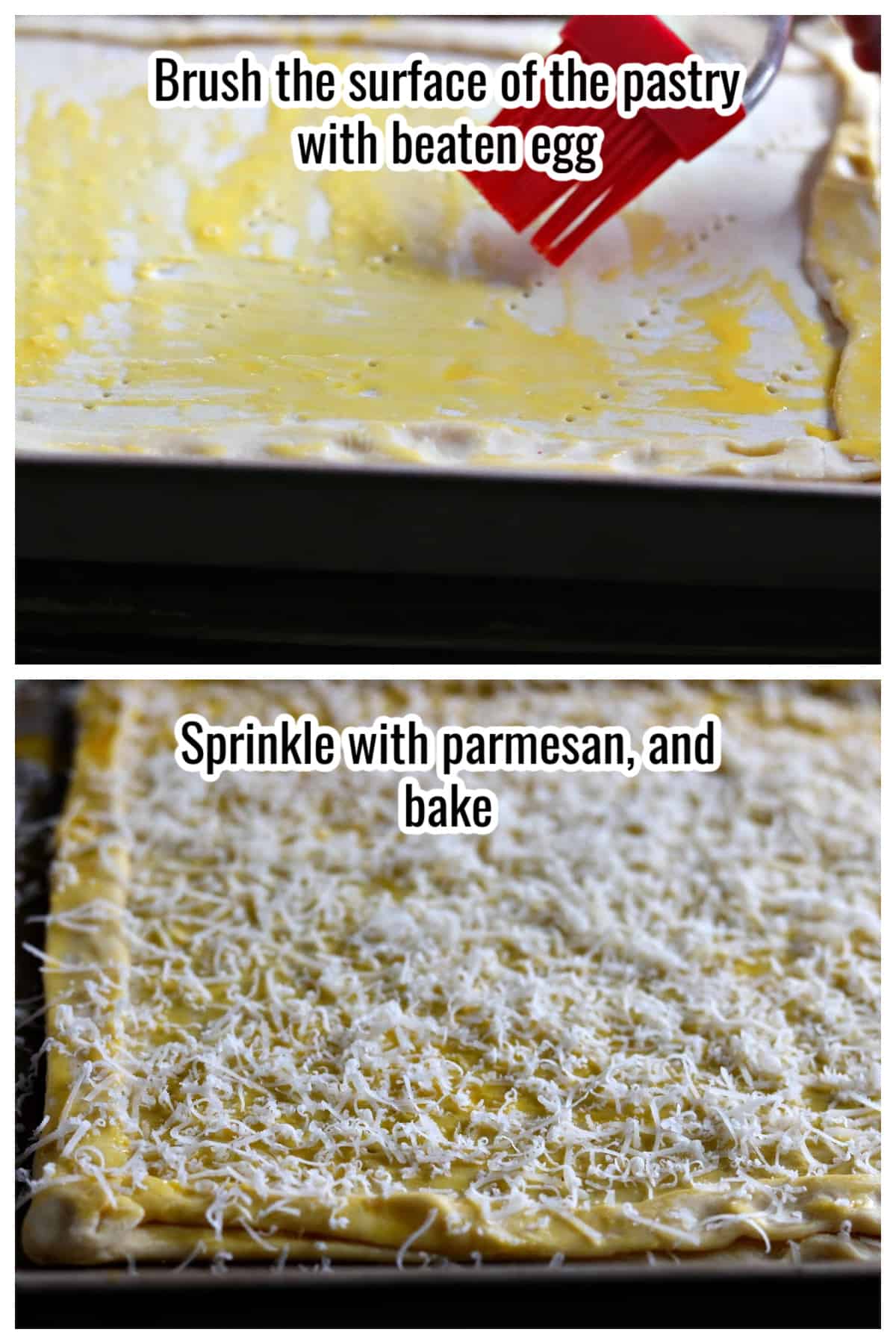 Collage of process of brushing egg and sprinkling parmesan on a puff pastry base.