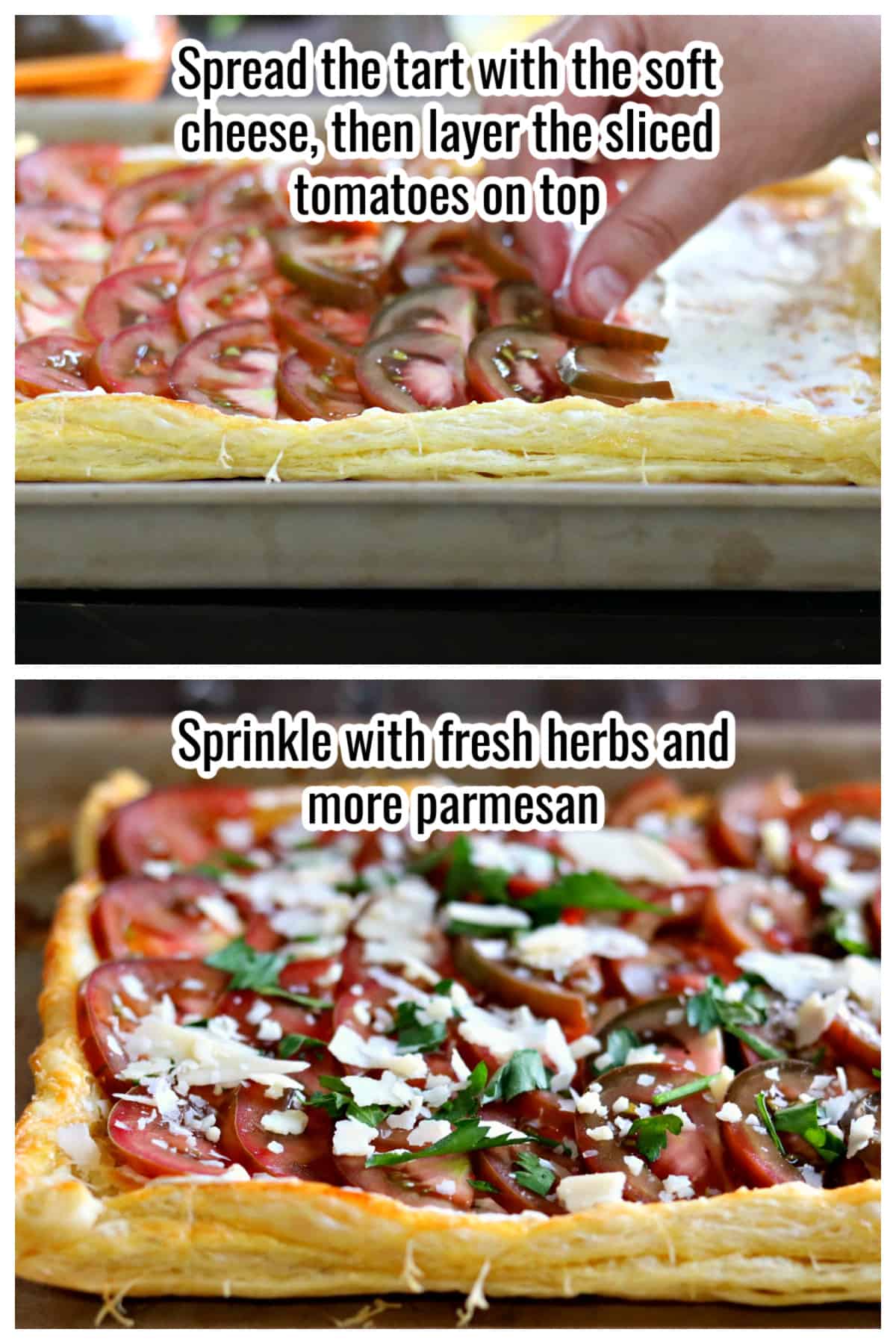 Collage showing placing tomatoes on a puff pastry base, then sprinkling with herbs and parmesan.