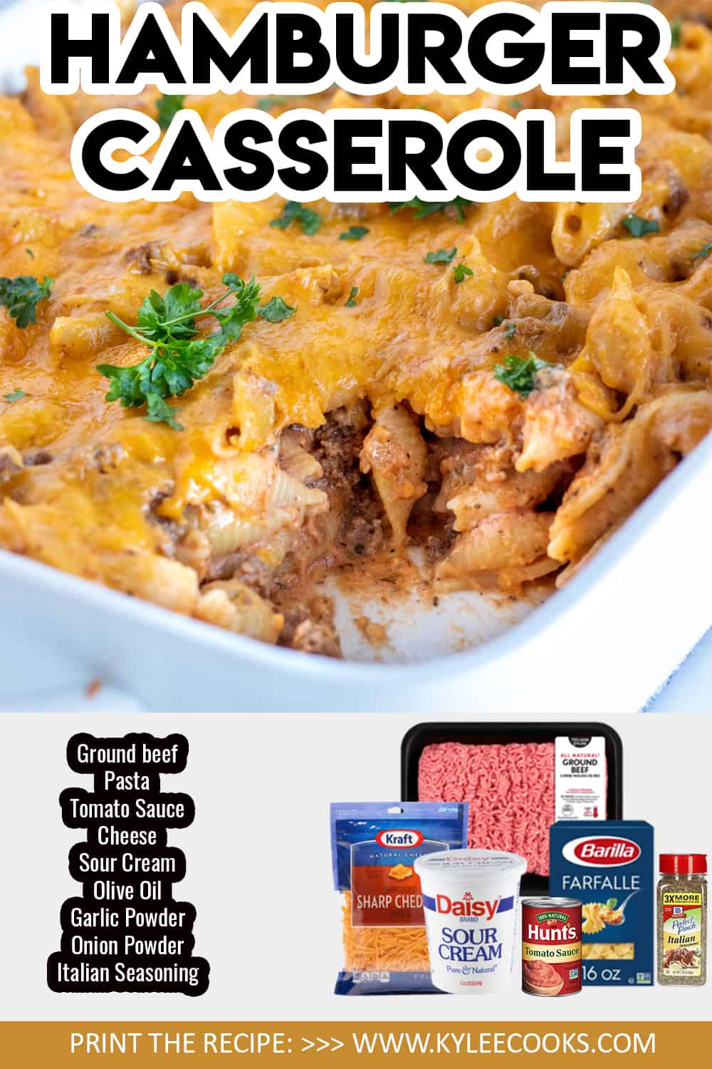 hamburger casserole in a white dish with text overlay