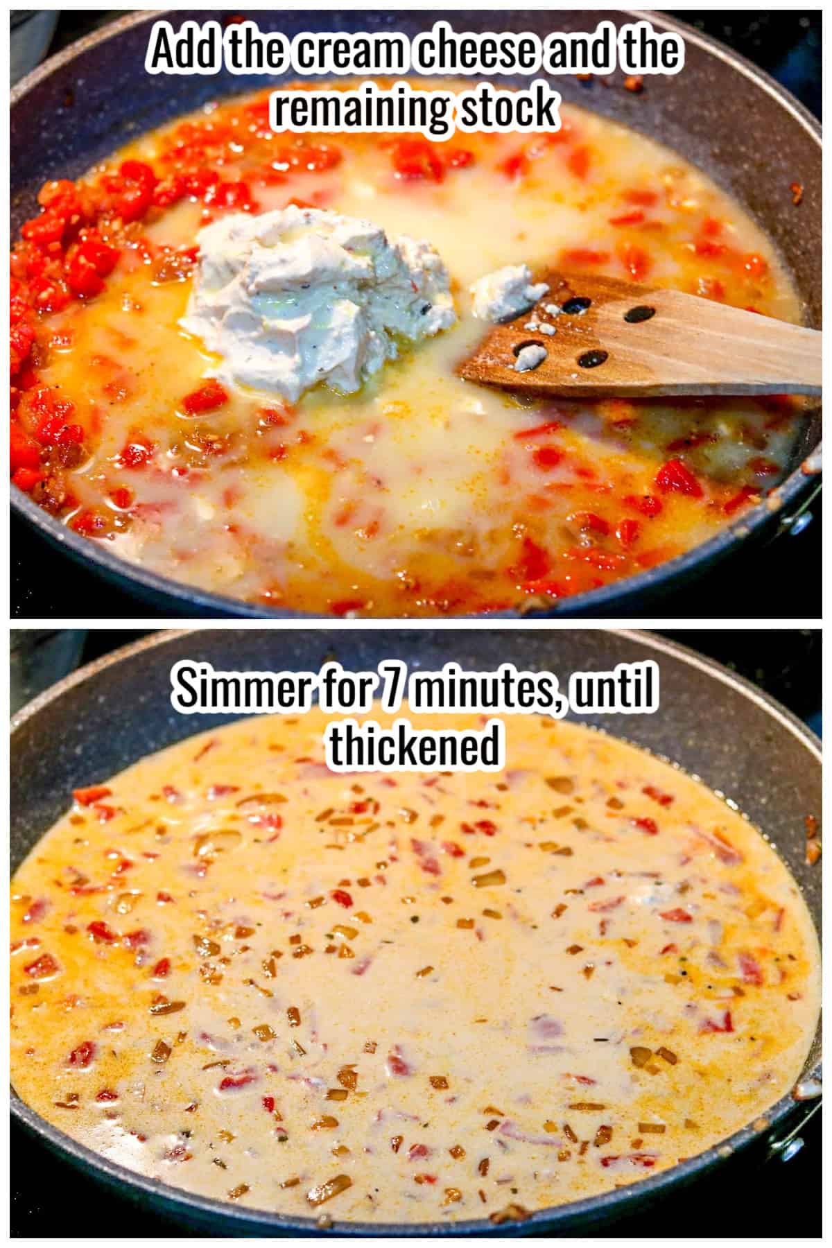 process shots showing adding cream cheese and stock to a sauce.
