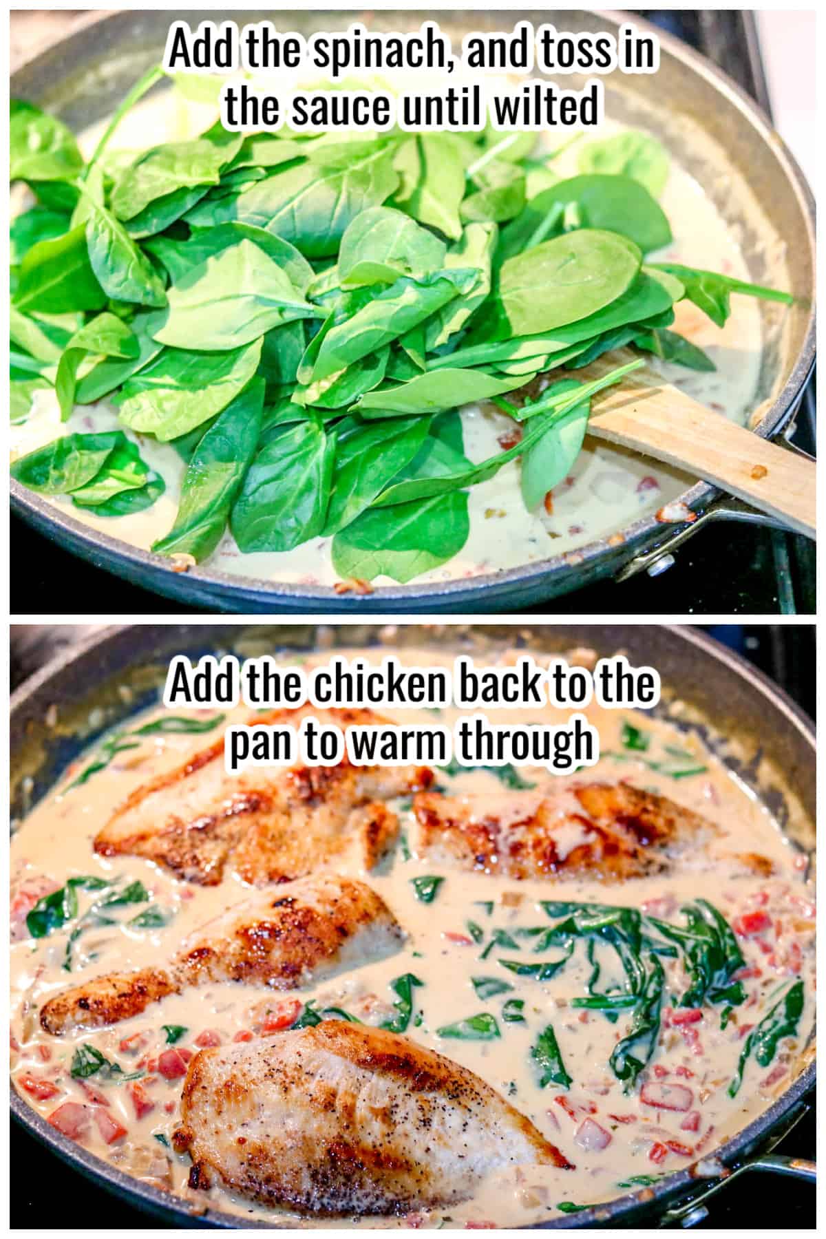 collage of process shots showing adding spinach to a sauce for chicken.