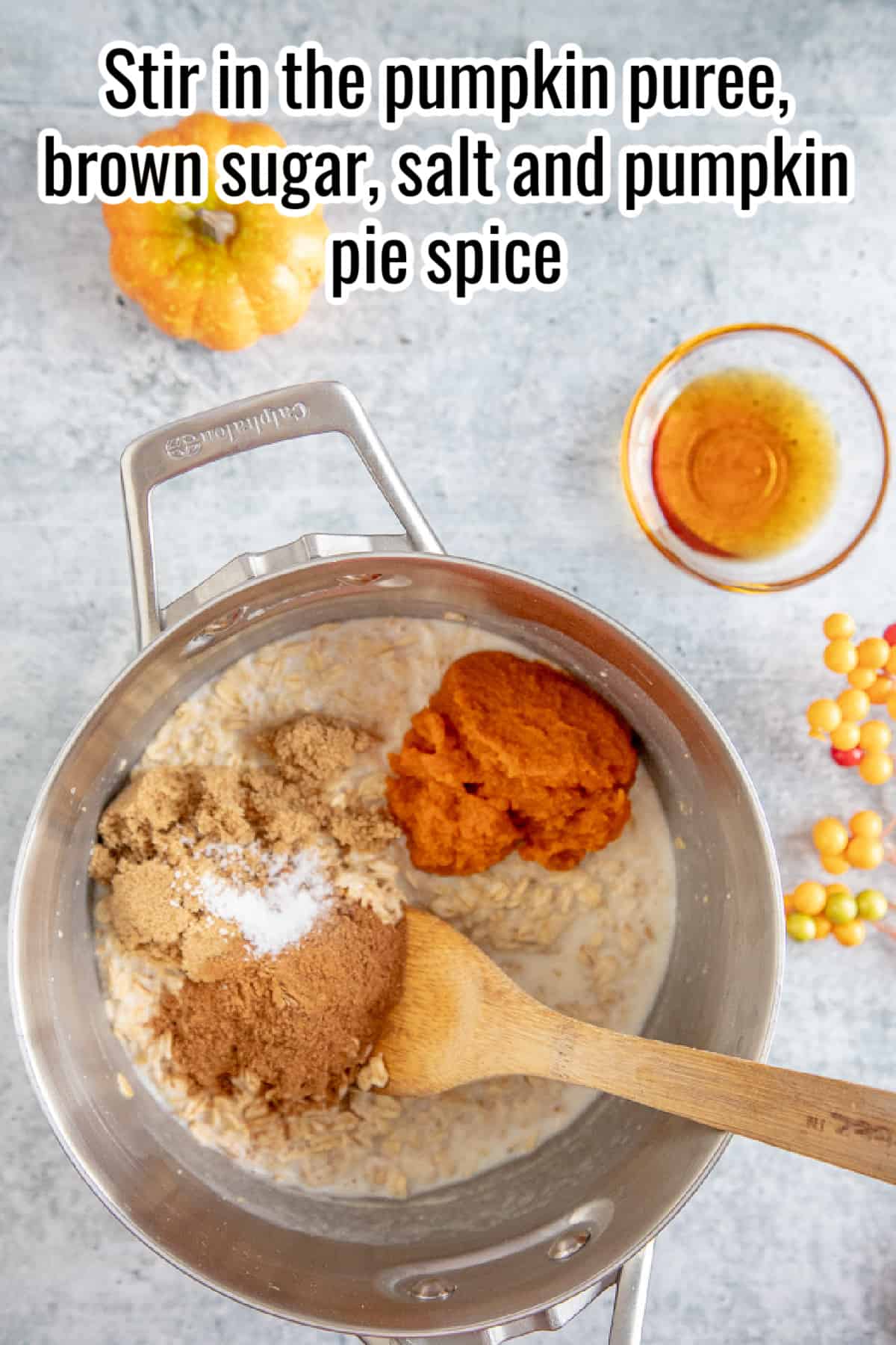 process shot showing pumpkin oatmeal in a saucepan