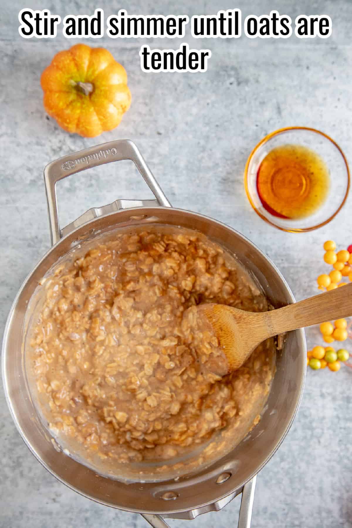 process shot showing pumpkin oatmeal in a saucepan