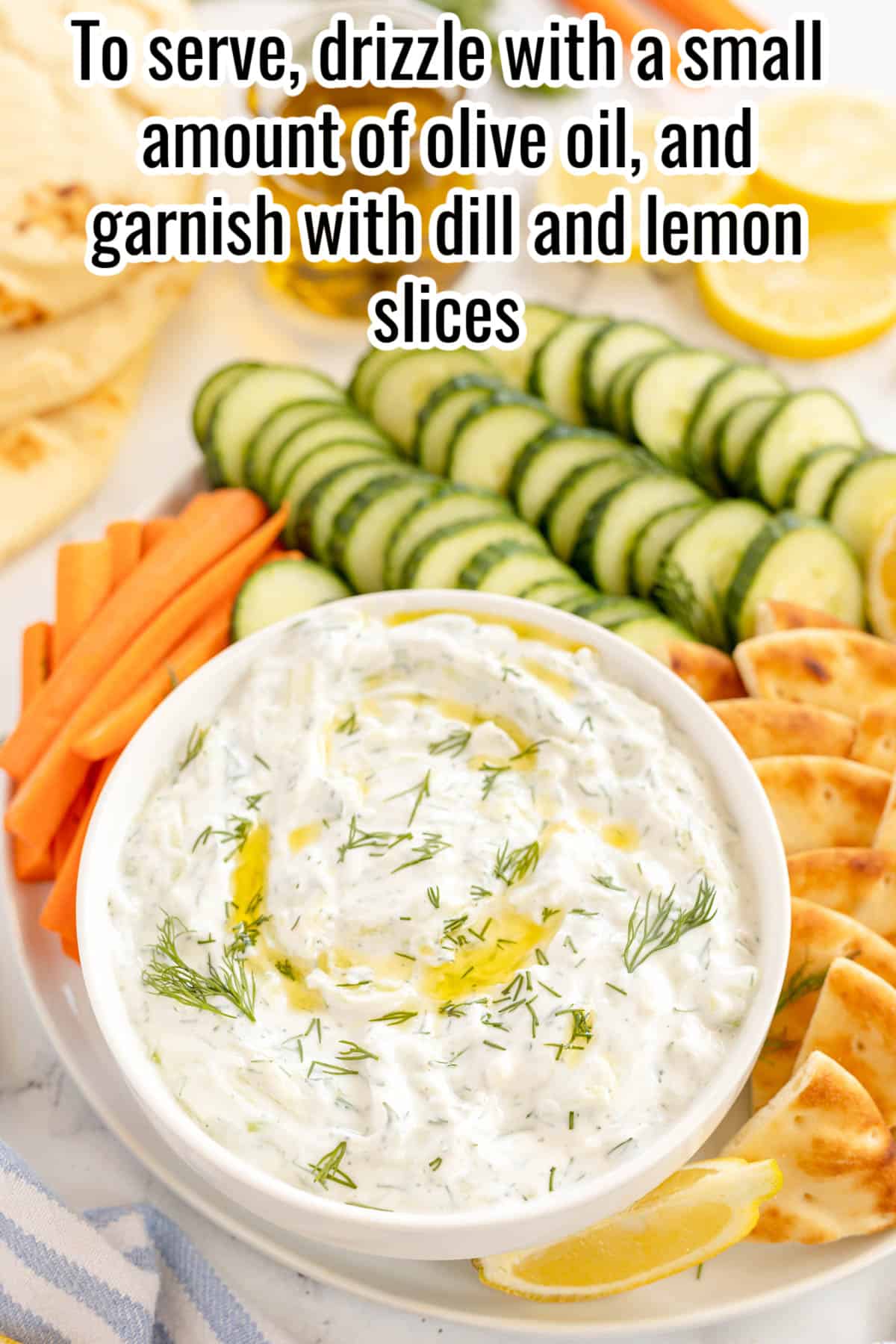 shot of tzatziki in a white bowl with instructions overlaid in text