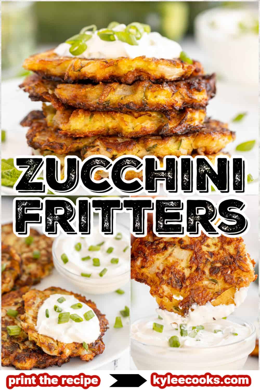 zucchini fritters stacked on a plate with sour cream and green onions on top, with recipe title overlaid in text.